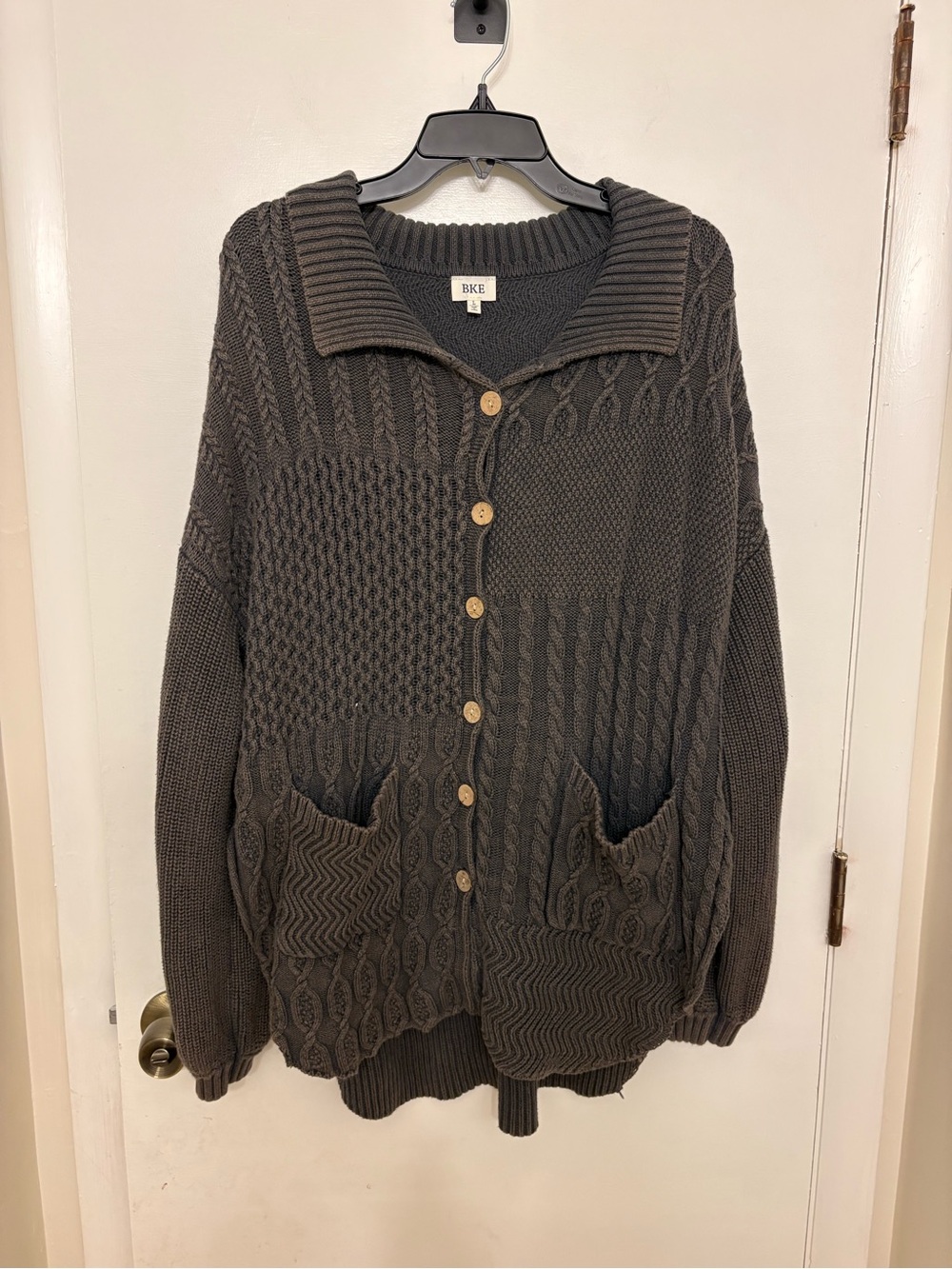 BKE Patchwork Cable Knit Cardigan Sweater Dark Grey Cotton Chunky Oversized L